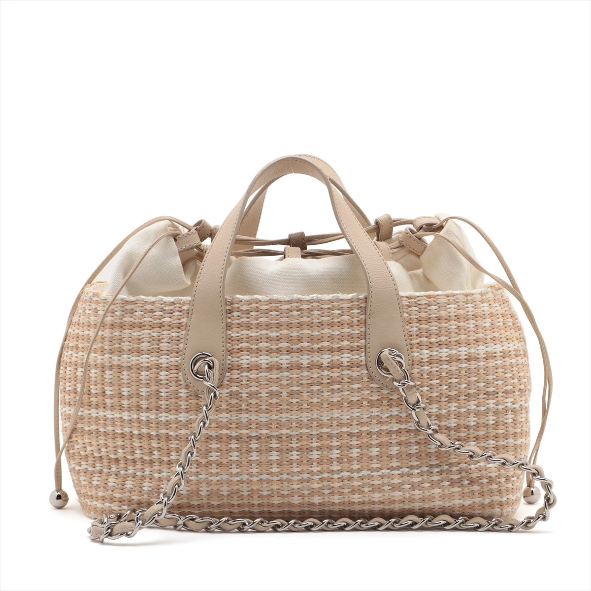 CHANEL ベージュ ストロー パーティーバッグ シャネル ココマーク ストロー×レザー 2WAYハンドバッグ 巾着