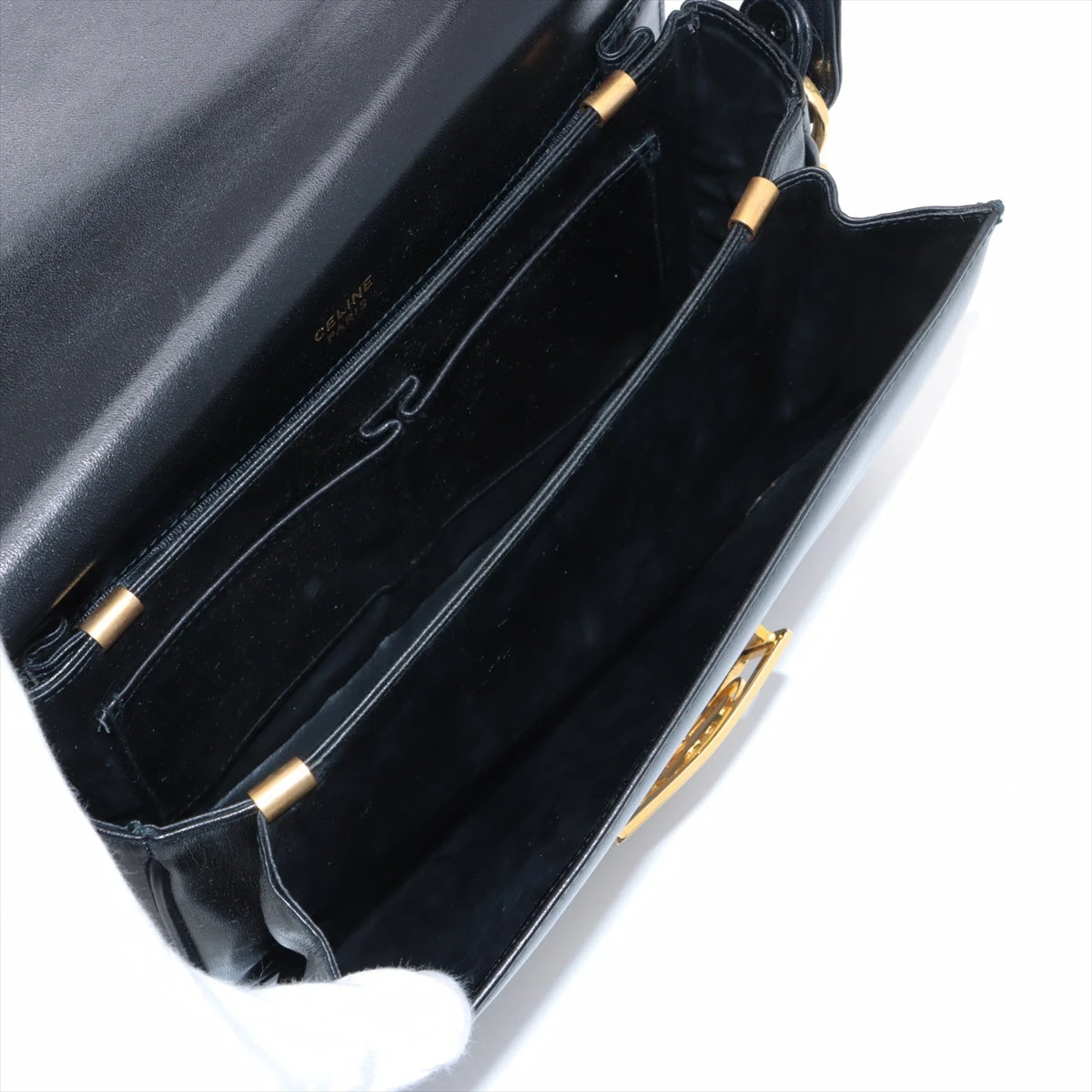セリーヌ 馬車金具 レザー ショルダーバッグ ブラック A2984200｜中古 