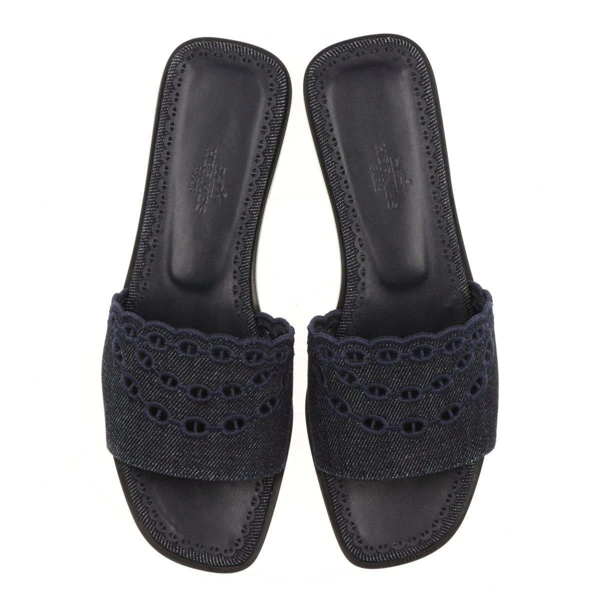 未使用 エルメス グラディス  シェーヌダンクル サンダル デニム ネイビー エルメス デニム×レザー サンダル 37 レディース ネイビー