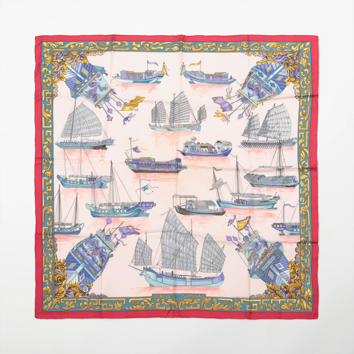 レビュー高評価の商品！ カレ90 エルメス JUNQUES レッド シルク スカーフ 船 SAMPANS ET 小物