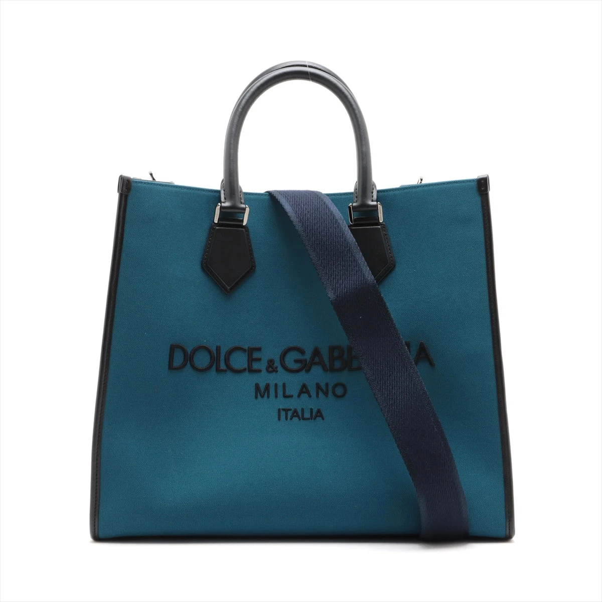 極美品 ドルチェアンドガッバーナ ビジネスバッグ ロゴ オールレザー ブルー系 ドルチェ&ガッバーナ ロゴ キャンバス×レザー 2WAYトートバッグ ブルー