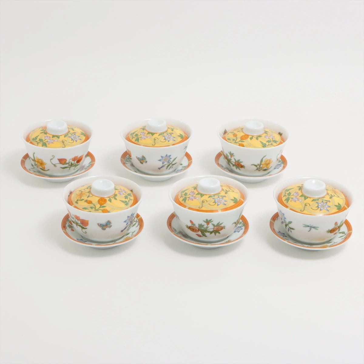 エルメス シエスタ 茶器 陶器 イエロー×オレンジ 蓋碗 6客セット 