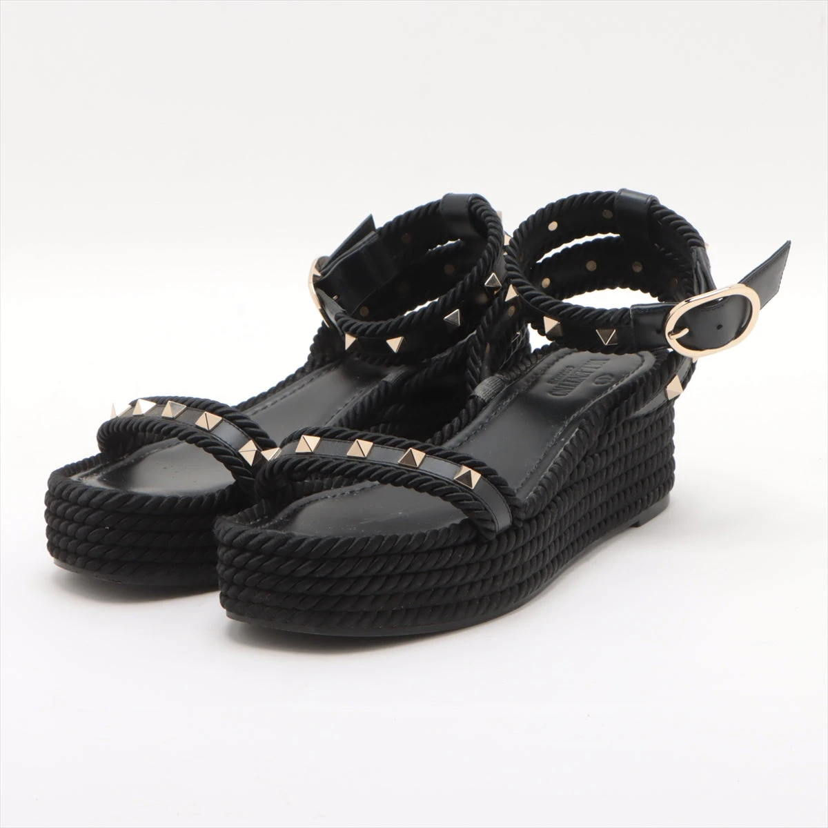 ヴァレンティノ レザー ファブリック ロックスタッズ サンダル ブラック
