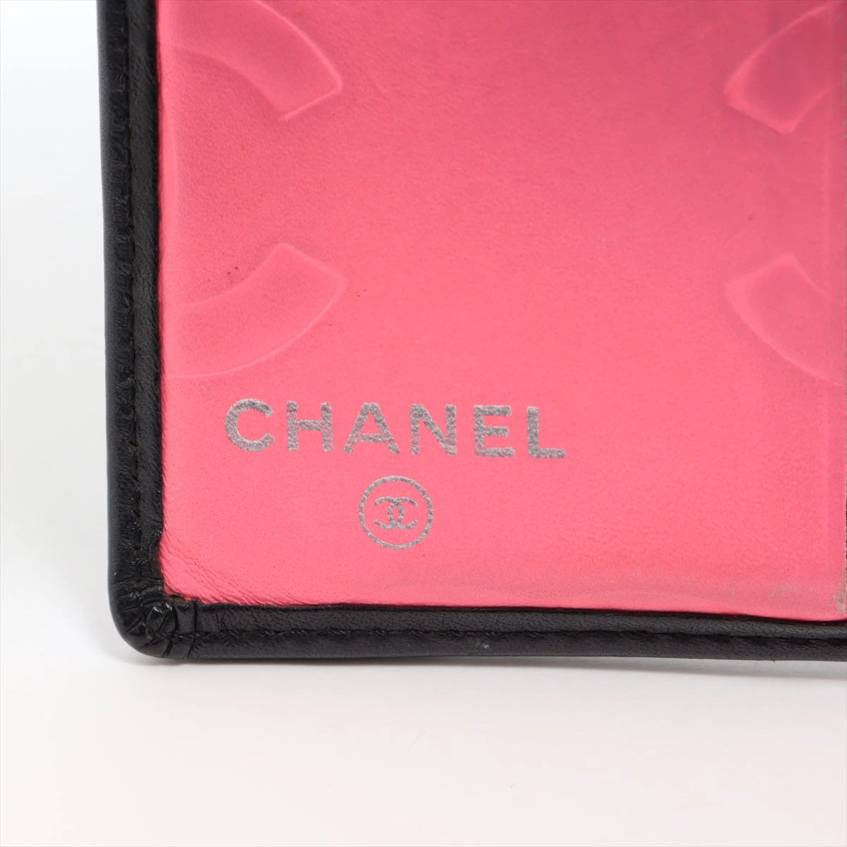 美品　シャネル　カンボンライン　ラムスキン　折り財布　ブラック　ピンク CHANEL 美品 シャネル カンボンライン ラムスキン 折り財布