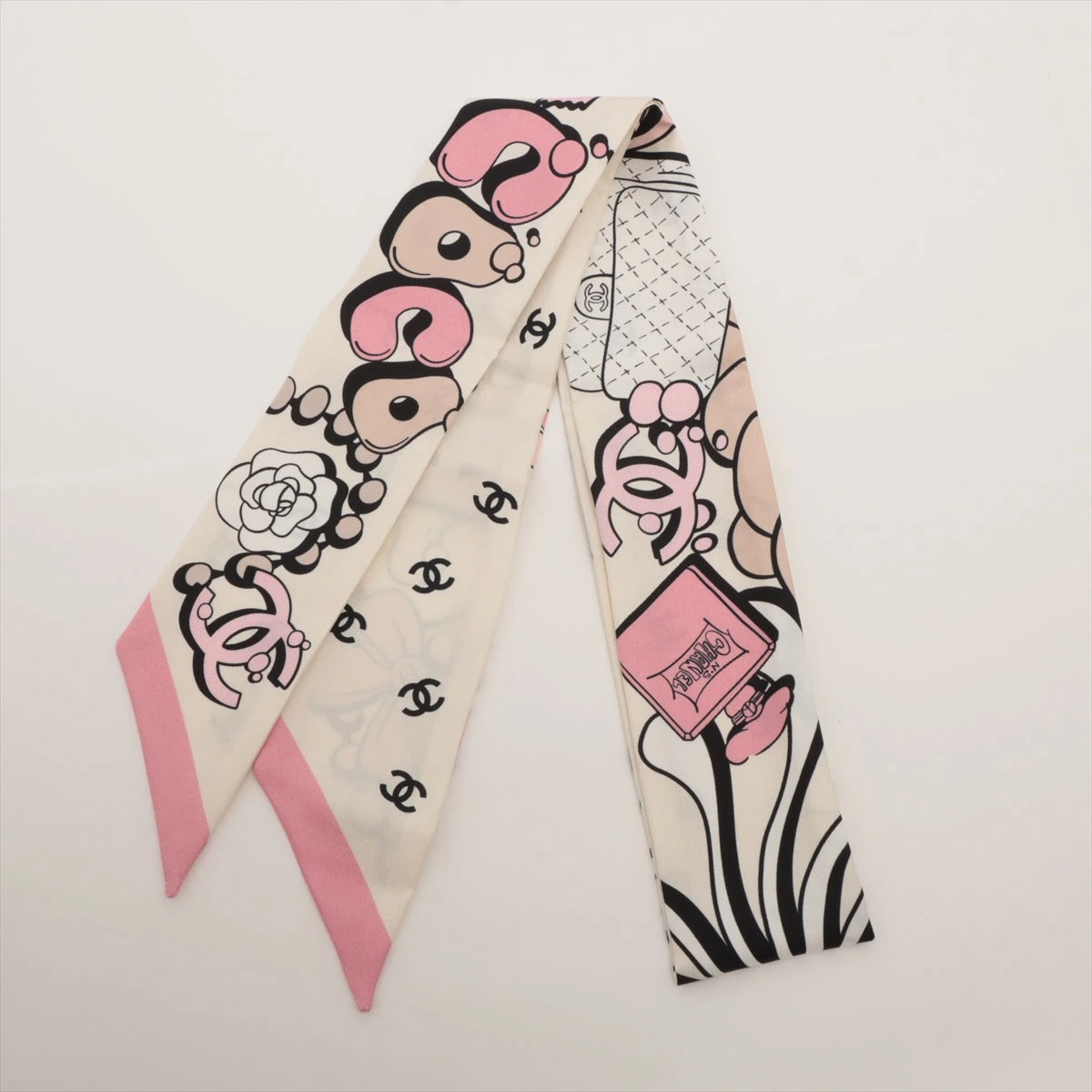 シャネル ヘアバンド スカーフ シルク ベージュ×ピンク YZ064009｜中古