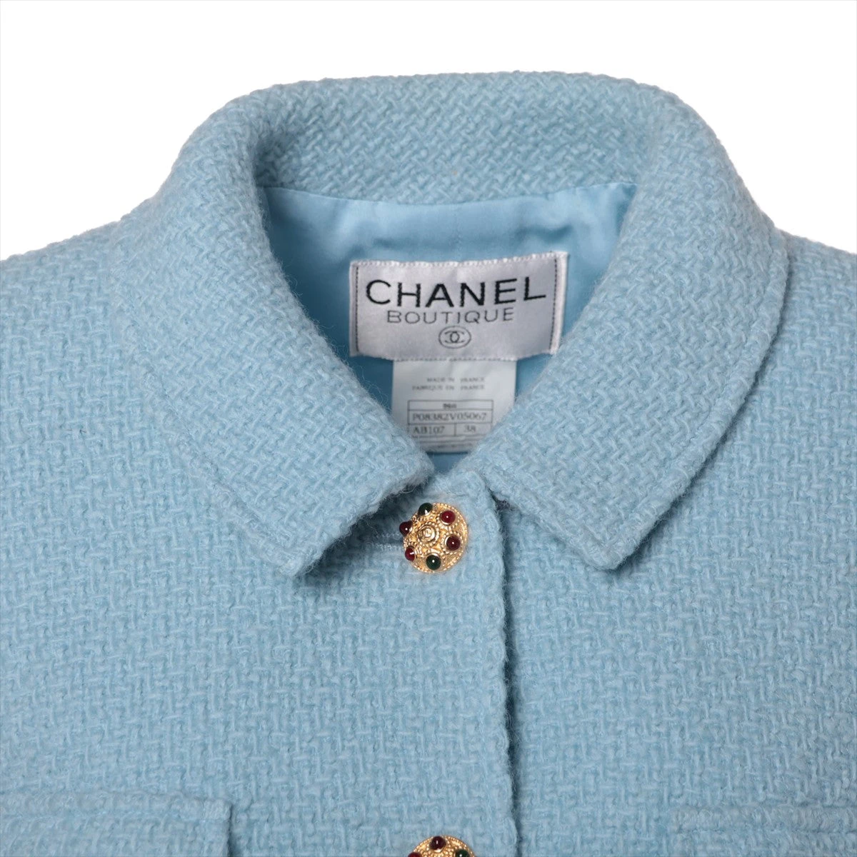 CHANEL 96A グリポアボタン ツイードジャケット チェーン アルパカ シャネル ココボタン 96A ウール×アルパカ ジャケット 38 レディース