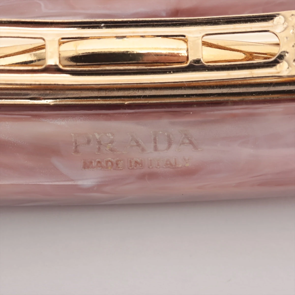 プラダ ロゴ バレッタ レジン× ラインストーン ピンク マーブル