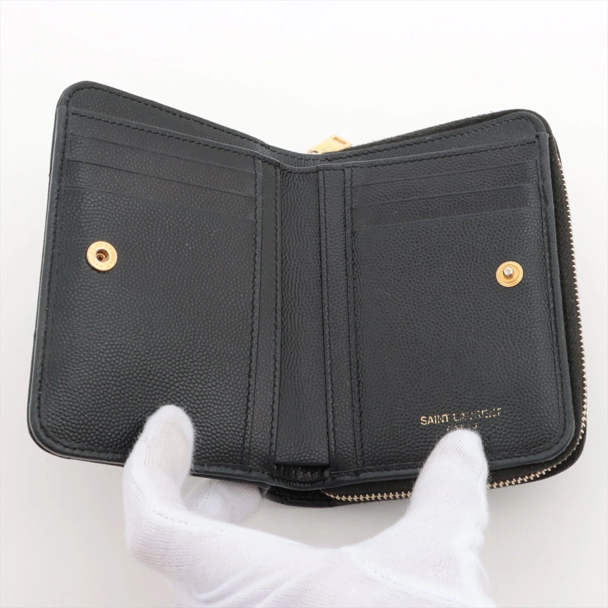 美品！サンローラン パリ Vステッチ コンパクト折り財布 ブラック