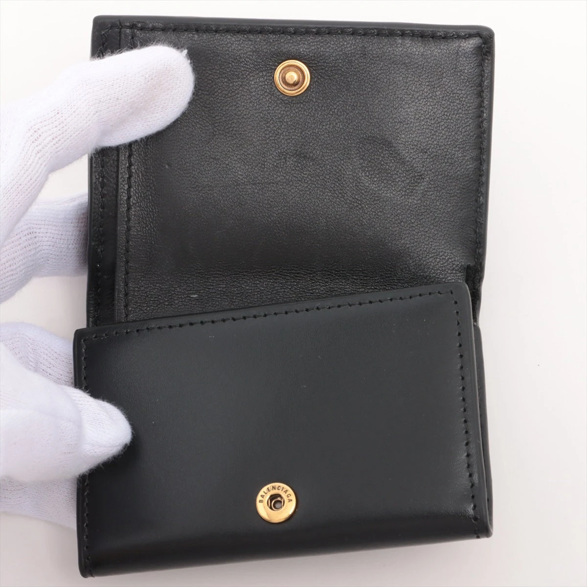 未使用級✨バレンシアガ　三つ折り財布　ロゴプリント　レザー　シボ革　ブラック BALENCIAGA バレンシアガ 財布 三つ折り ミニ財布 ドット