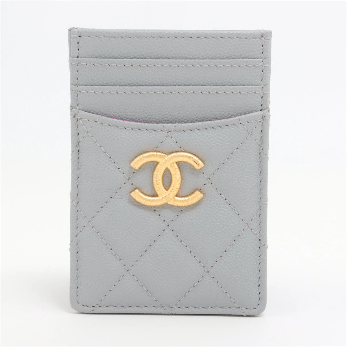 シャネル マトラッセ キャビアスキン カードケース グレー ゴールド