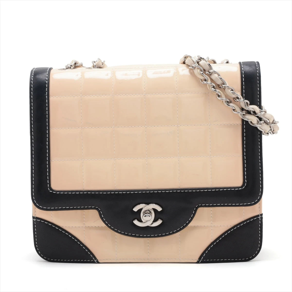 シャネル チョコバー パテントレザー シングルフラップ ダブルチェーン  