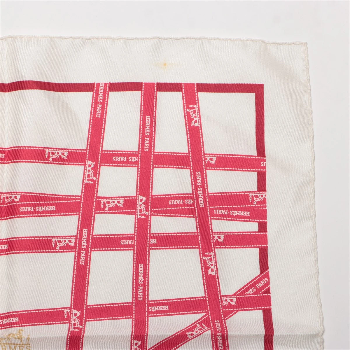 エルメス カレ45 ボルデュックリボン スカーフ シルク レッド×ホワイト