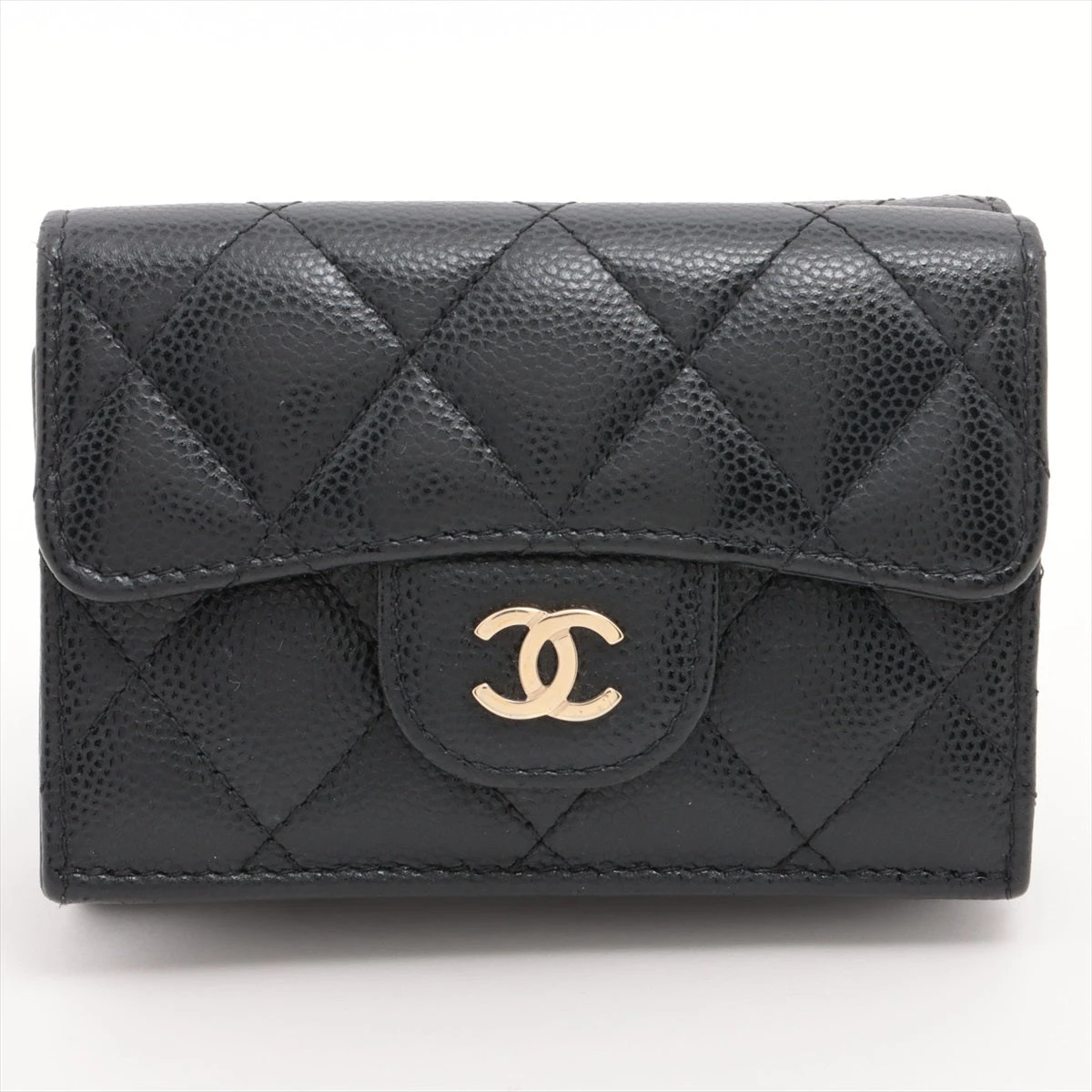 輝きを添えて☆CHANEL ミニウォレット キャビアスキン黒 シャネル マトラッセ キャビアスキン コンパクトウォレット