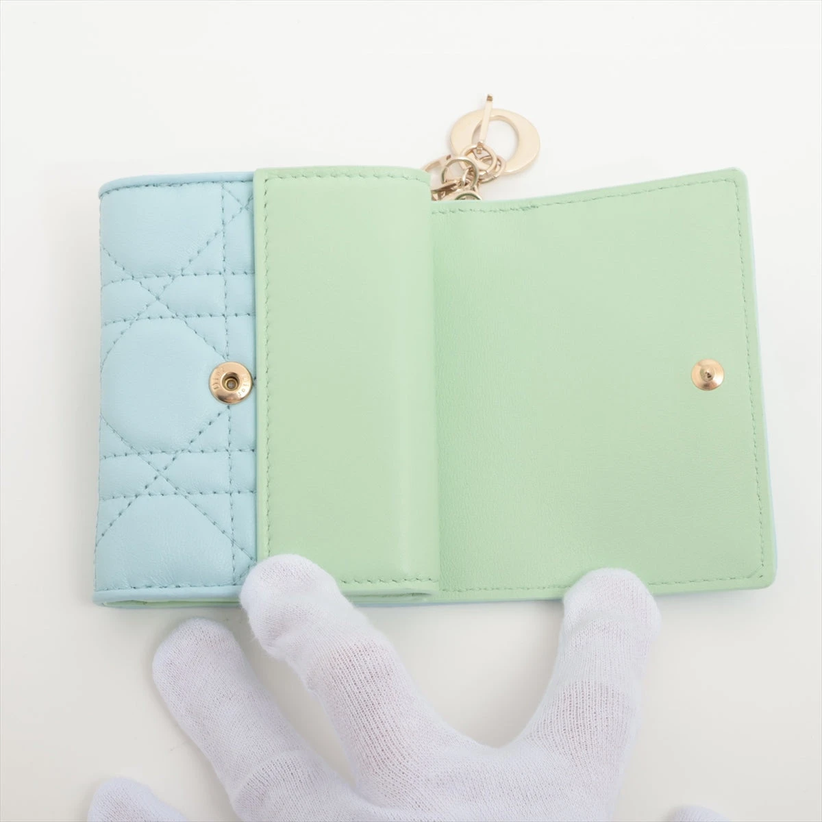 美品　ディオール　カナージュ　ロータスウォレット　三つ折財布　ラムスキン　ブルー 美品 ディオール カナージュ ロータスウォレット 三つ折財布