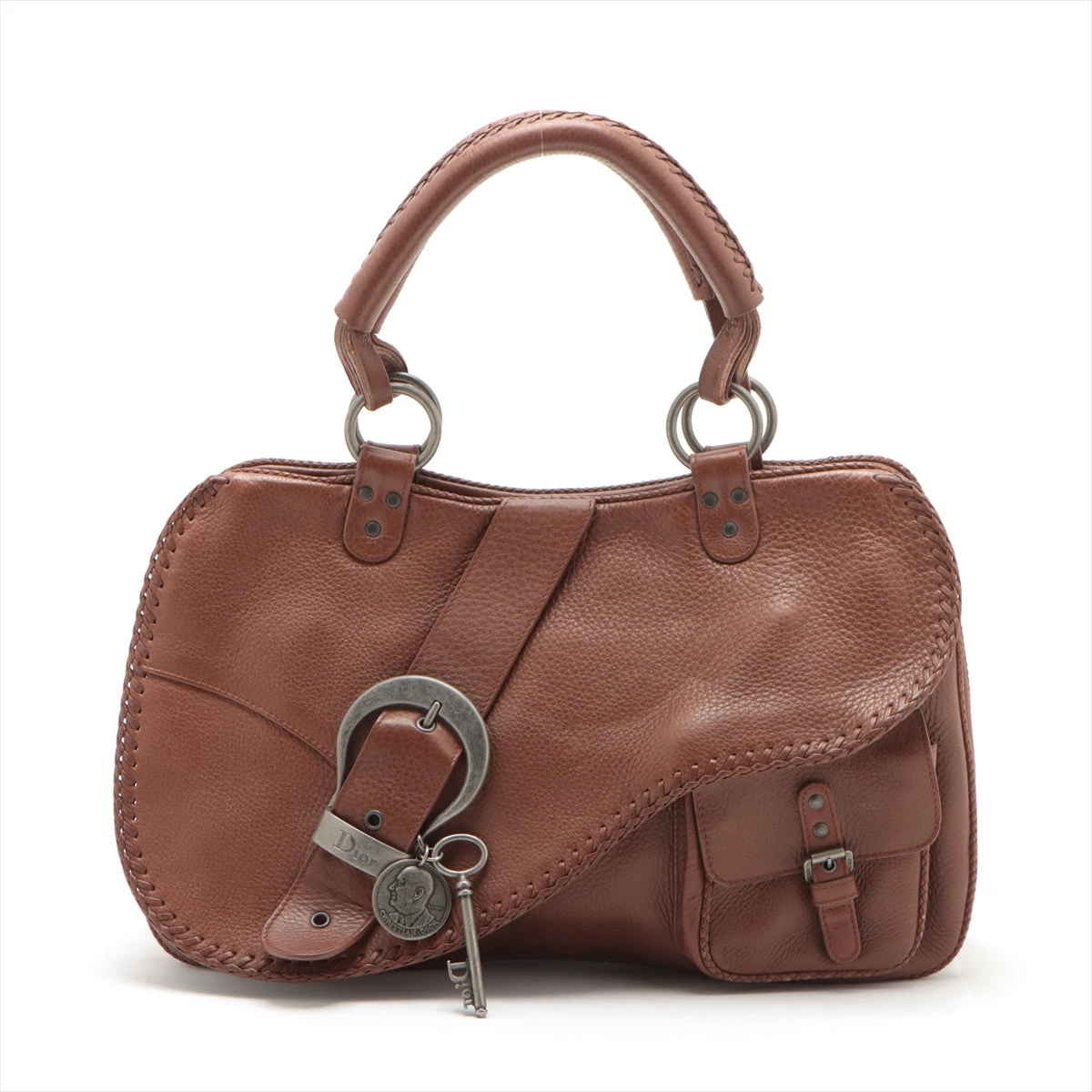 クリスチャンディオール サドルバッグ レザー ハンドバッグ ブラウン  