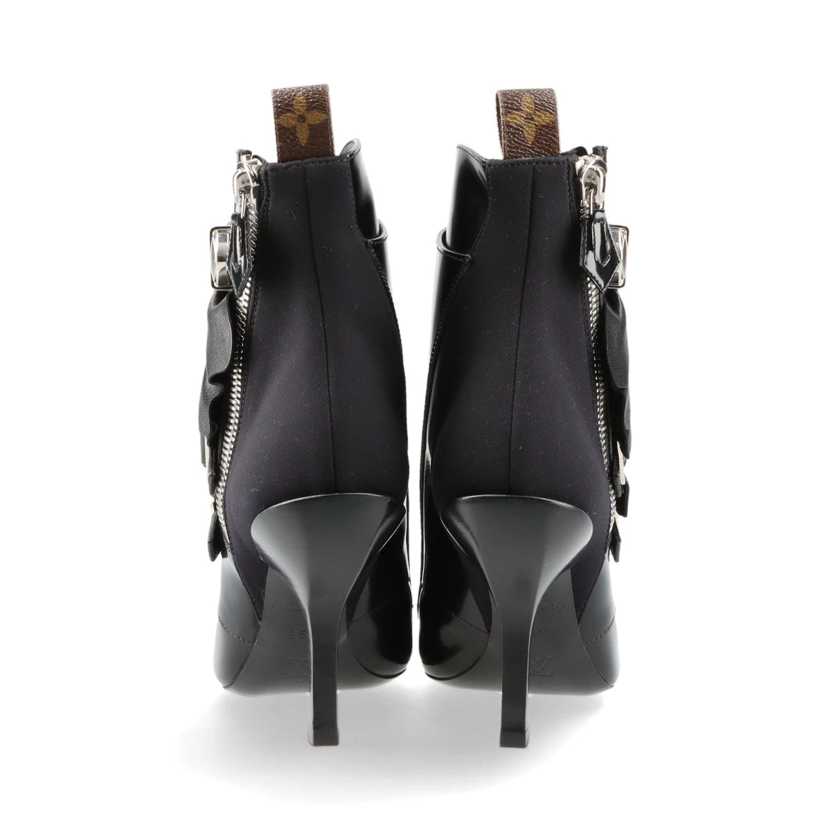 ヴィトン レザー ファブリック ベルト フリル アンクルブーツ ブラック