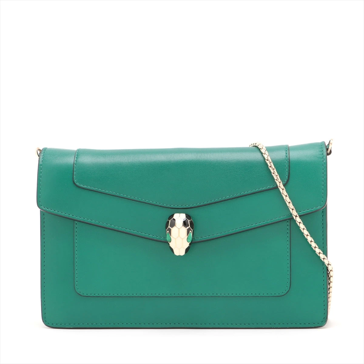 美品 ブルガリ チェーン ウォレット セルペンティ 蛇 レザー 長財布 グリーン ブルガリ セルペンティ レザー チェーンウォレット グリーン