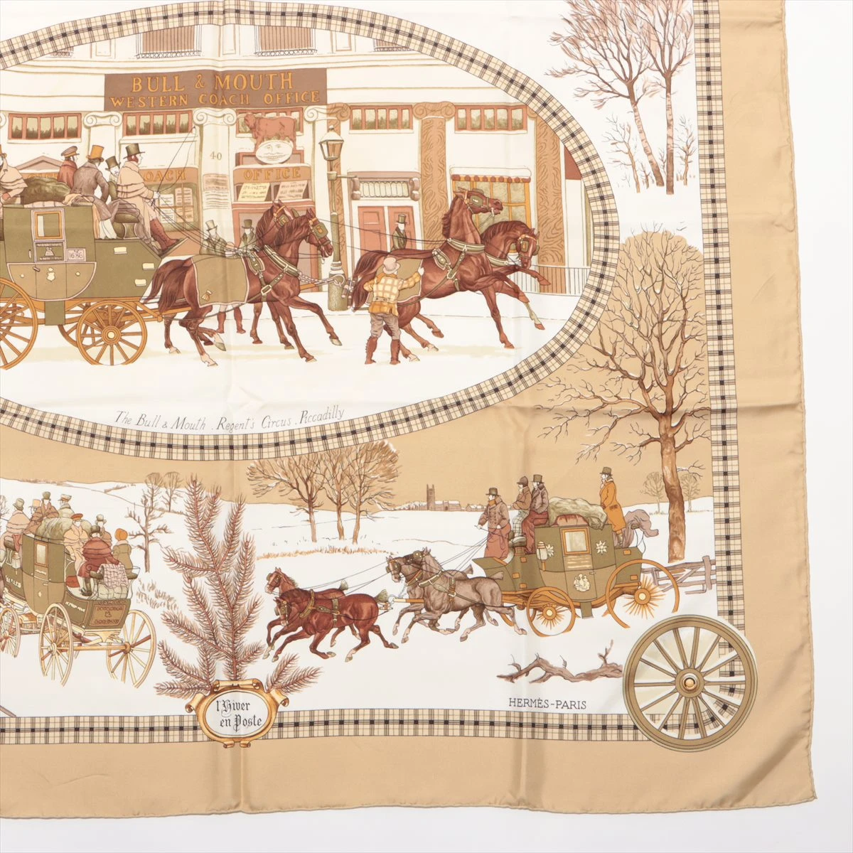 美品✨HERMES エルメス スカーフ カレ90 冬の郵便馬車 レッド シルク HERMES 良品 エルメス カレ90 L'HIVER EN POSTE 冬の郵便馬車
