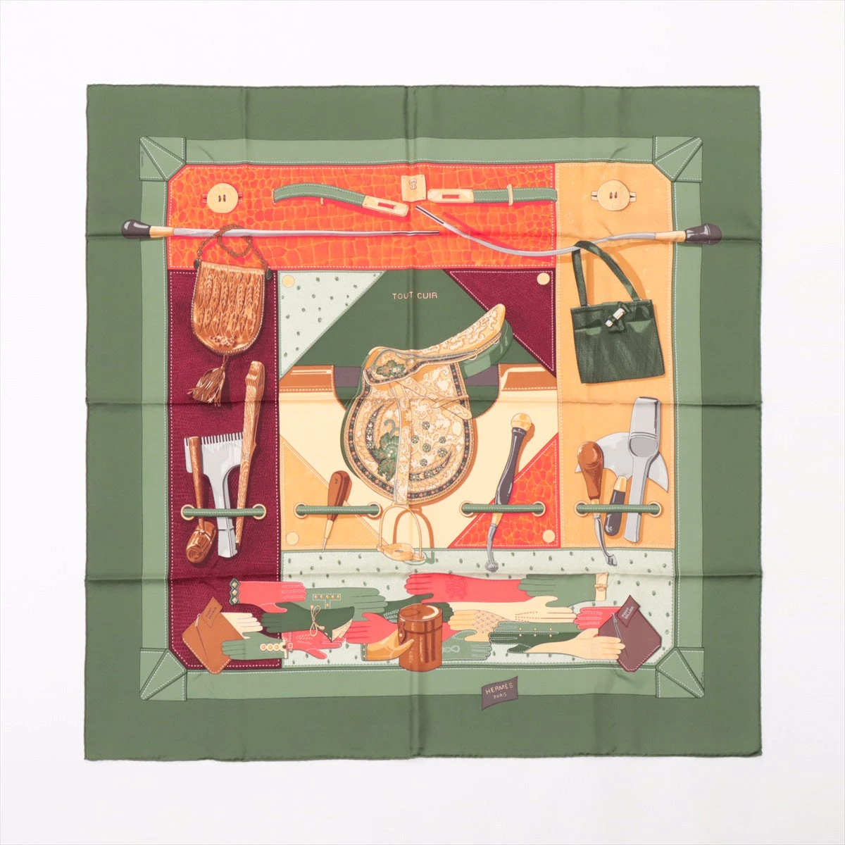 美品‼️HERMES TOUT CUIR　すべて革柄 箱付シルクカレ90希少 エルメス スカーフ カレ90 TOUT CUIR すべて皮 ブラウン×オレンジ