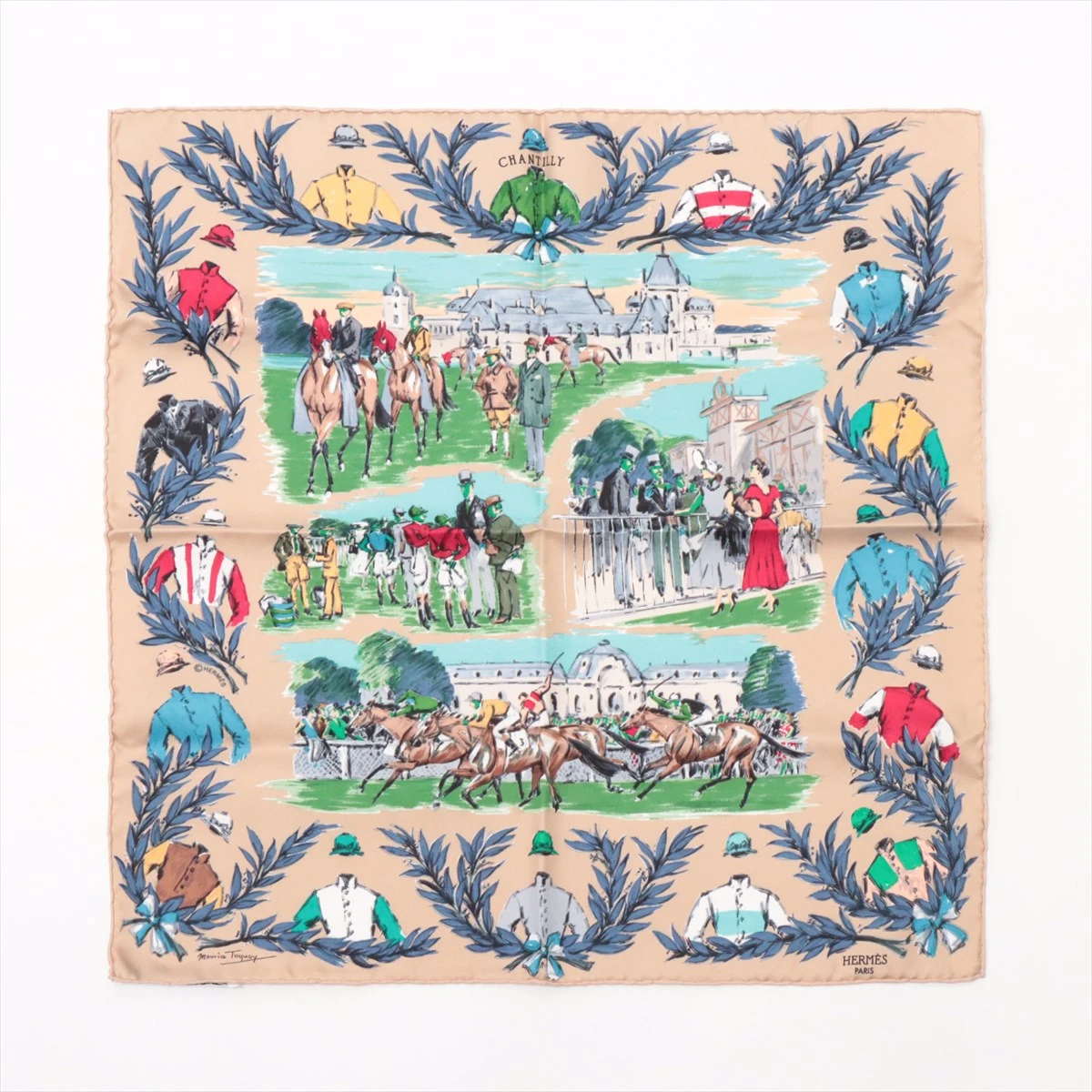 エルメス カレ45 CHANTILLY 競馬場 スカーフ シルク ベージュ HX054608  