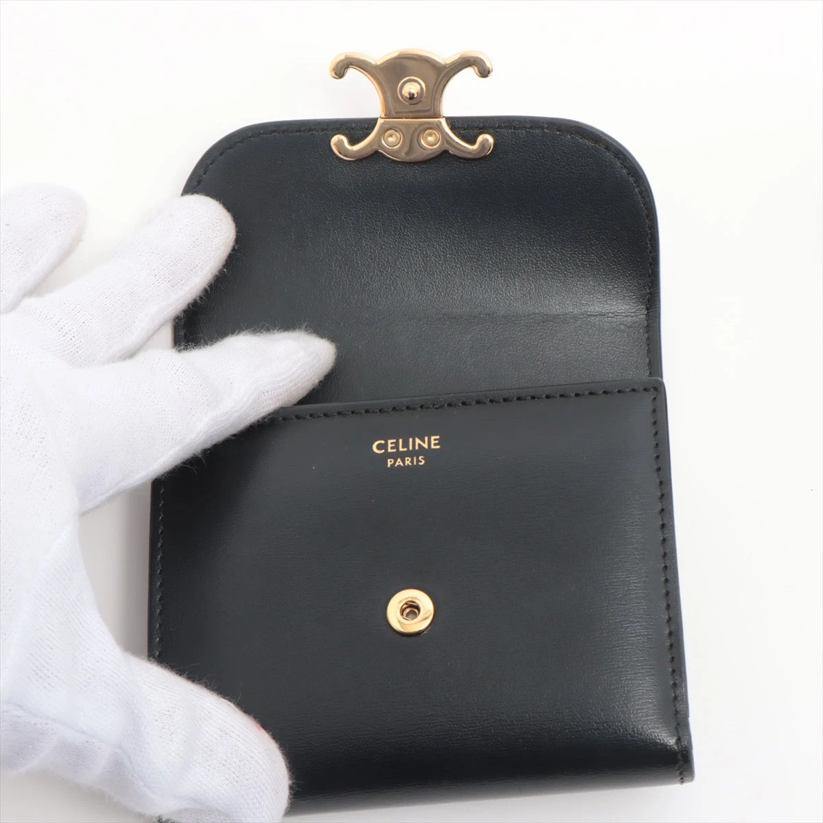 セリーヌ　トリオンフ スモールウォレット 黒 レザー CELINE (セリーヌ) スモール フラップウォレット トリオンフ