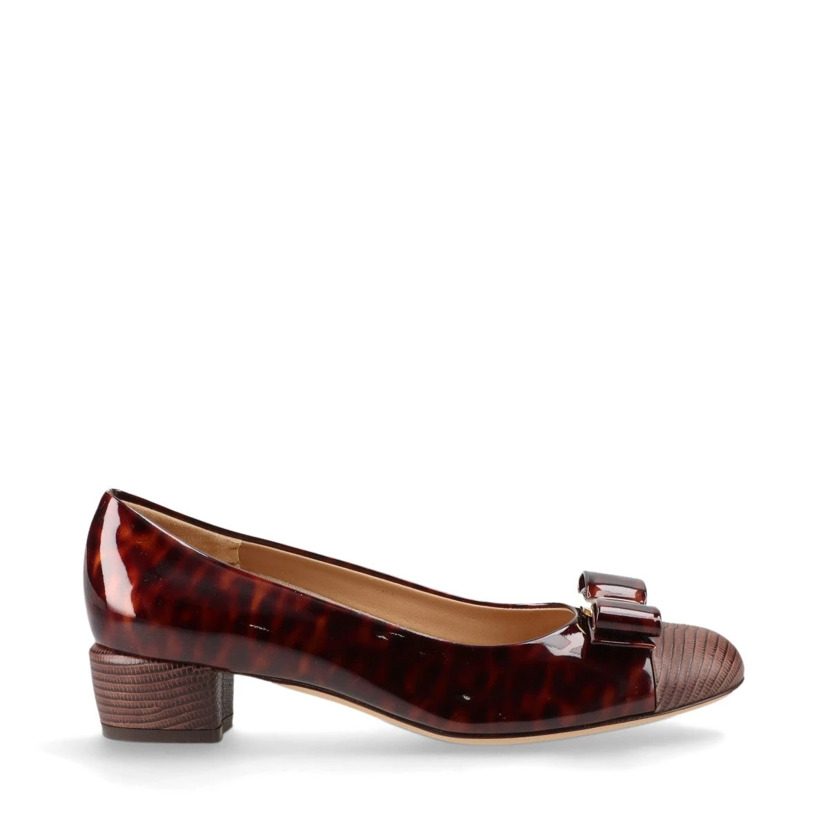 【美品】フェラガモ　ヴァラリボンパンプス　型押し　ローヒール　ブラウン OLD FERRAGAMO(オールドフェラガモ) キャメル型押しレザーヴァラ