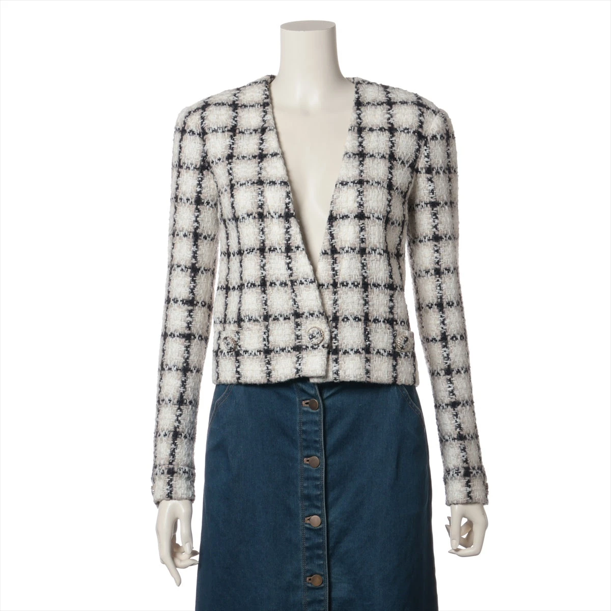 シャネル ココボタン ウール×アクリル ノーカラージャケット 34