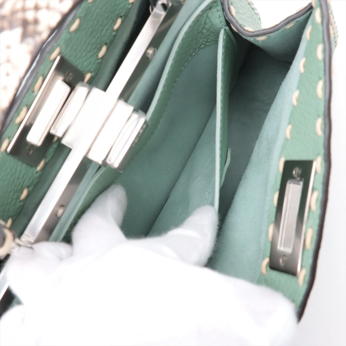 FENDI ピーカブー　スモール　セレリア レザー×パイソン グリーン フェンディ セレリア ピーカブー アイシーユー スモール レザー