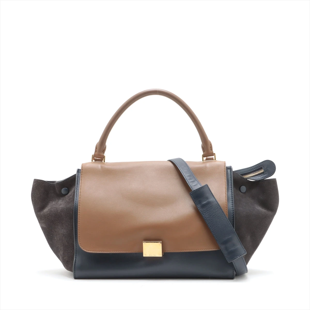 セリーヌ トラペーズ レザー×スエード 2WAYハンドバッグ ネイビー  