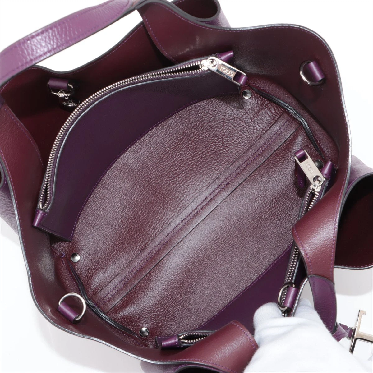 トッズ Tタイムレス レザー 2WAYハンドバッグ パープル A3092454｜中古