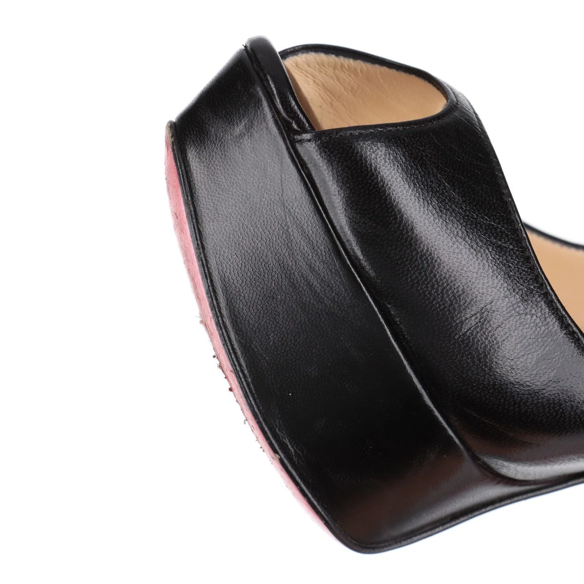 美品 クリスチャンルブタン　パンプス　エナメルブラック　オープントゥ クリスチャンルブタン レザー オープントゥパンプス 371/2 レディース