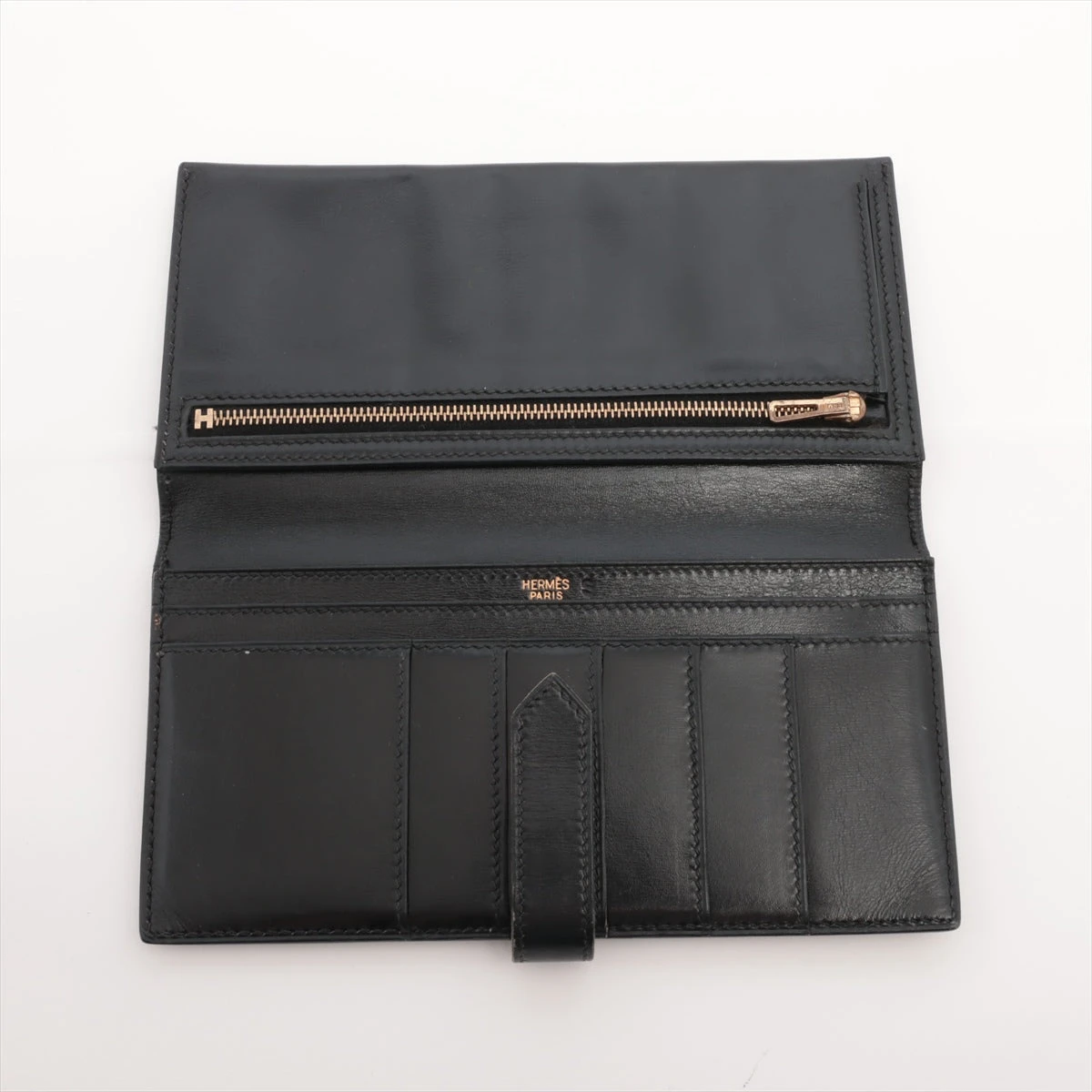 エルメス ベアン ボックスカーフ 財布 ブラック ゴールド金具 □D:2000