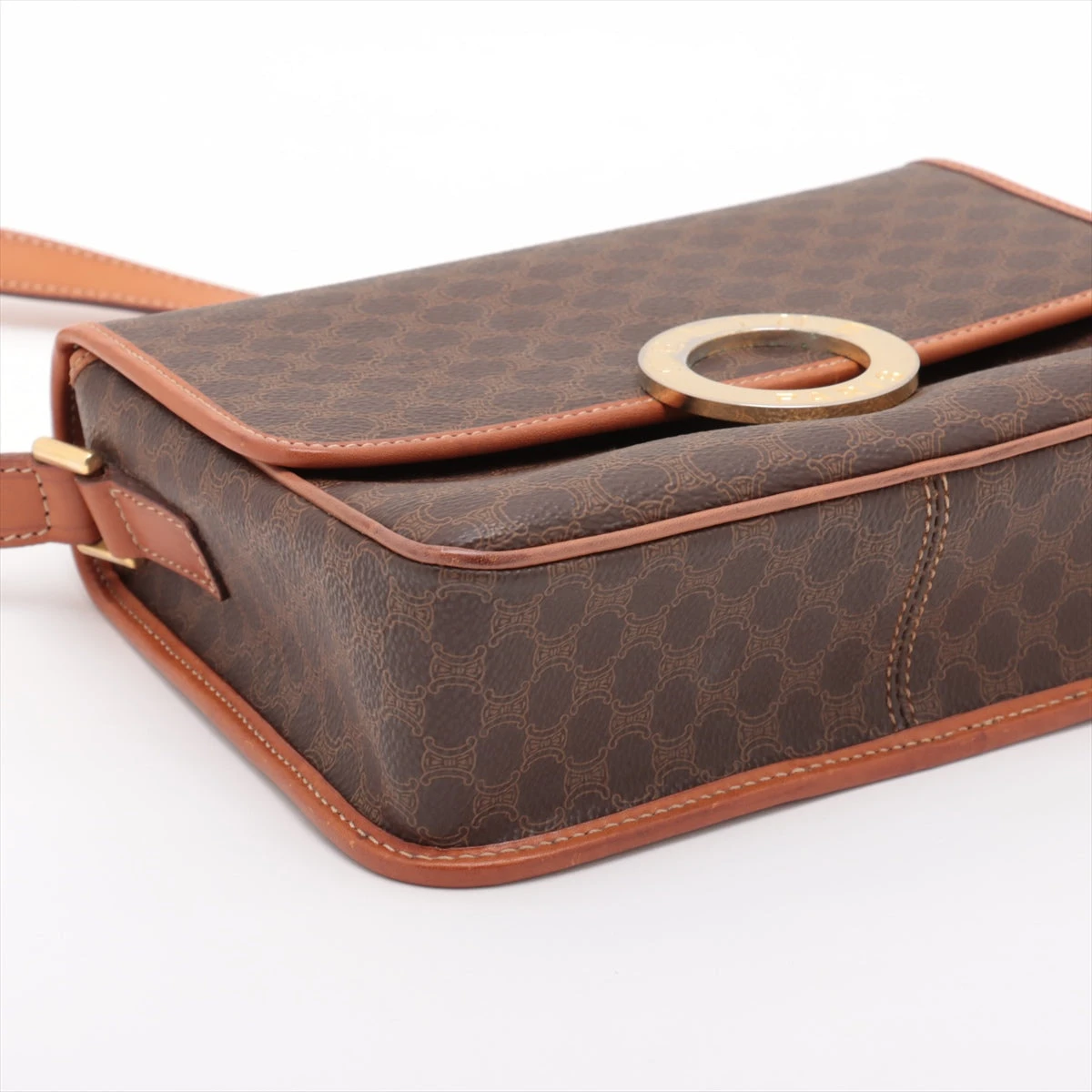 【美品】セリーヌ サークル マカダム ベルト ブラウン レザー PVC ワイド セリーヌ サークルロゴ マカダム PVC×レザー ショルダーバッグ