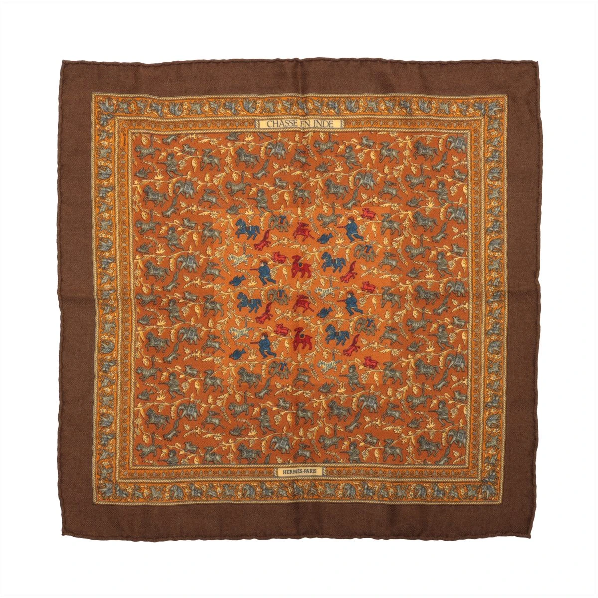 HERMES カシミヤシルク インドの狩猟CHASSE EN INDE プチカレ HERMES エルメス カレ140 カシシル 『CHASSE EN INDE(インドの