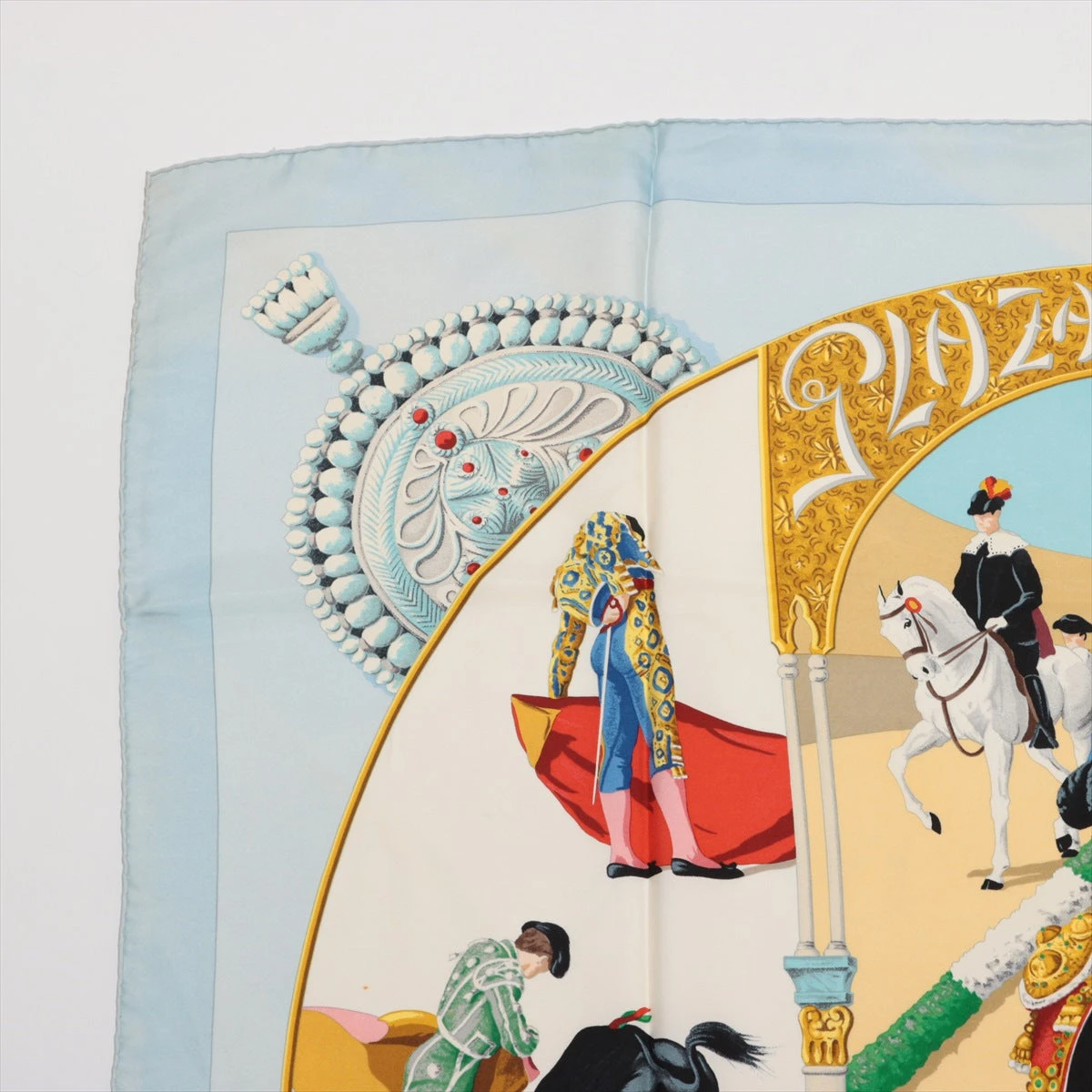 エルメス HERMES スカーフ カレ90 PLAZA DE TOROS 闘牛場 エルメス カレ90 PLAZA DE TOROS 闘牛場 スカーフ シルク ブルー
