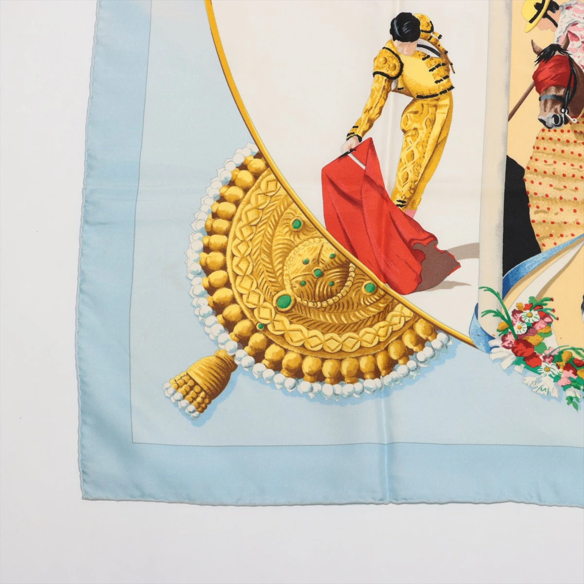 美品★HERMES エルメス『カレ90 闘牛場』レディース スカーフ エルメス カレ90 PLAZA DE TOROS 闘牛場 スカーフ シルク ブルー