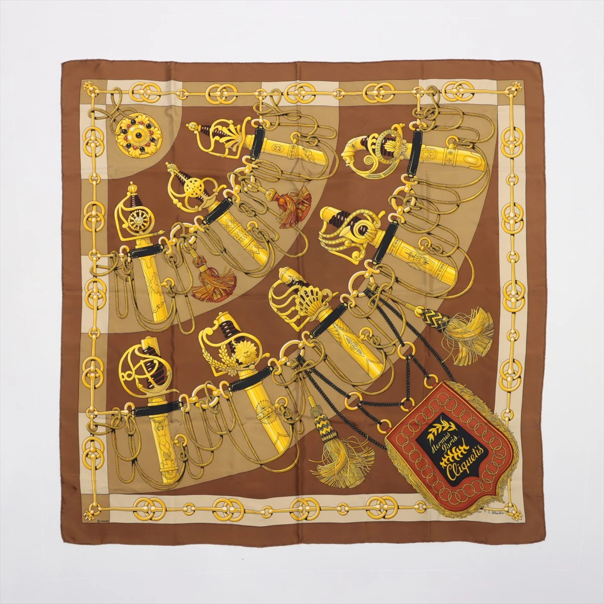 エルメス　カレ90 クリケティス エルメス カレ90 Cliquetis クリケティス スカーフ シルク ブラウン