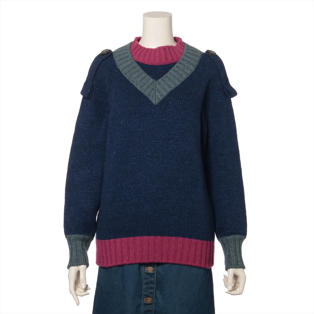 CHANEL - 極美品◎CHANEL シャネル P44484 カシミヤ シルク 長袖 ニットプルオーバー レイヤード風 ネイビー ピンク グレー 38 イタリア製 レディース シャネル ココボタン P44 カシミヤ×シルク ニット 38 レディース