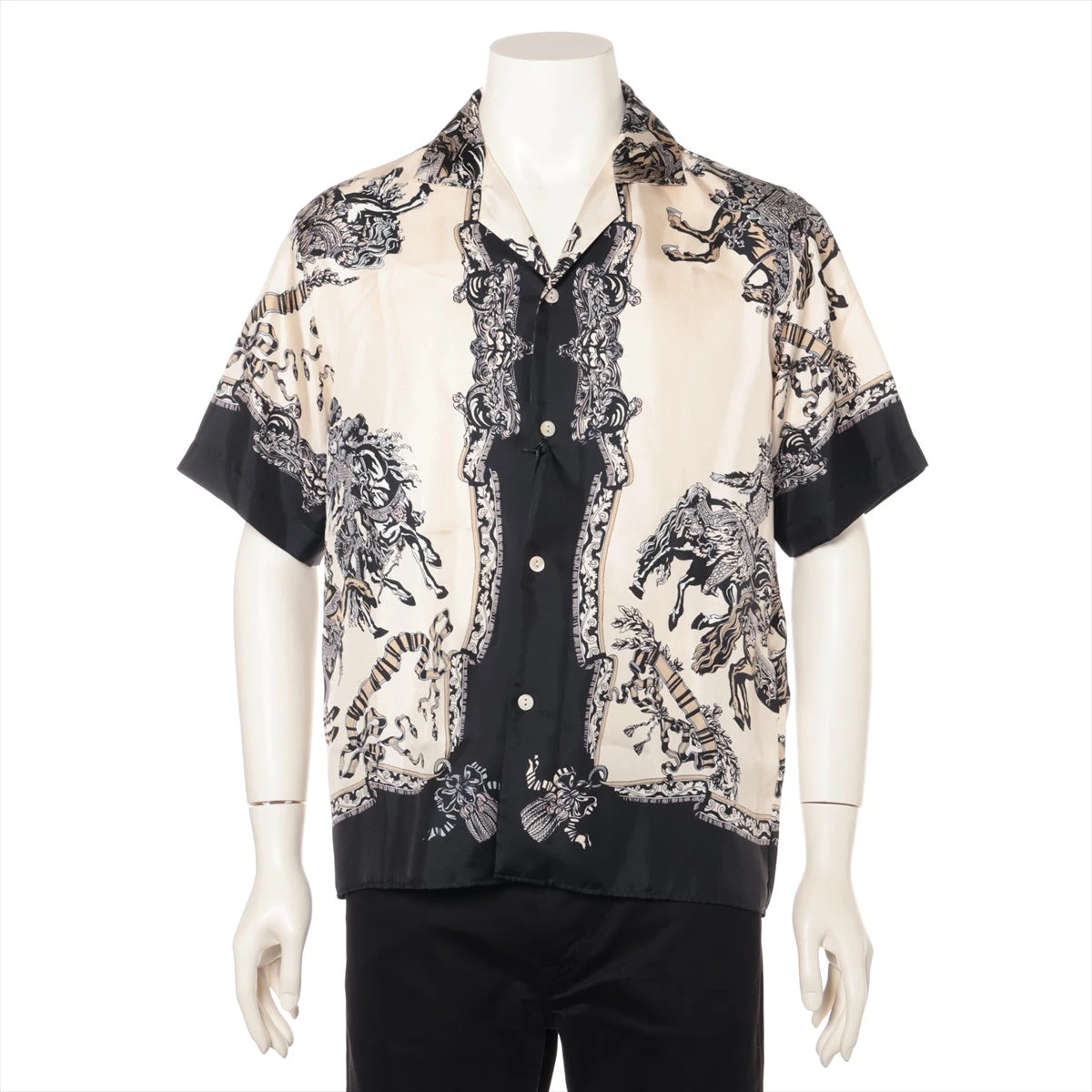 新品未使用　グッチ　シャツ　ボウタイ　パールボタン　ジャガード　シルク　M グッチ 23SS シルク シャツ 48 メンズ ブラック×アイボリー 716118