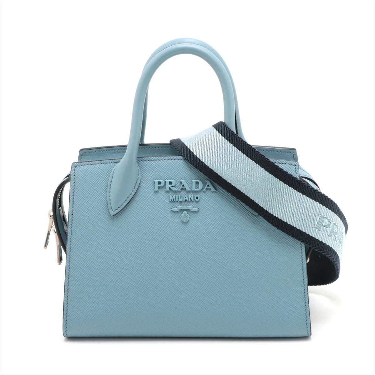 美品☆プラダサフィアーノキュイールブルーグレー2wayハンドバッグ