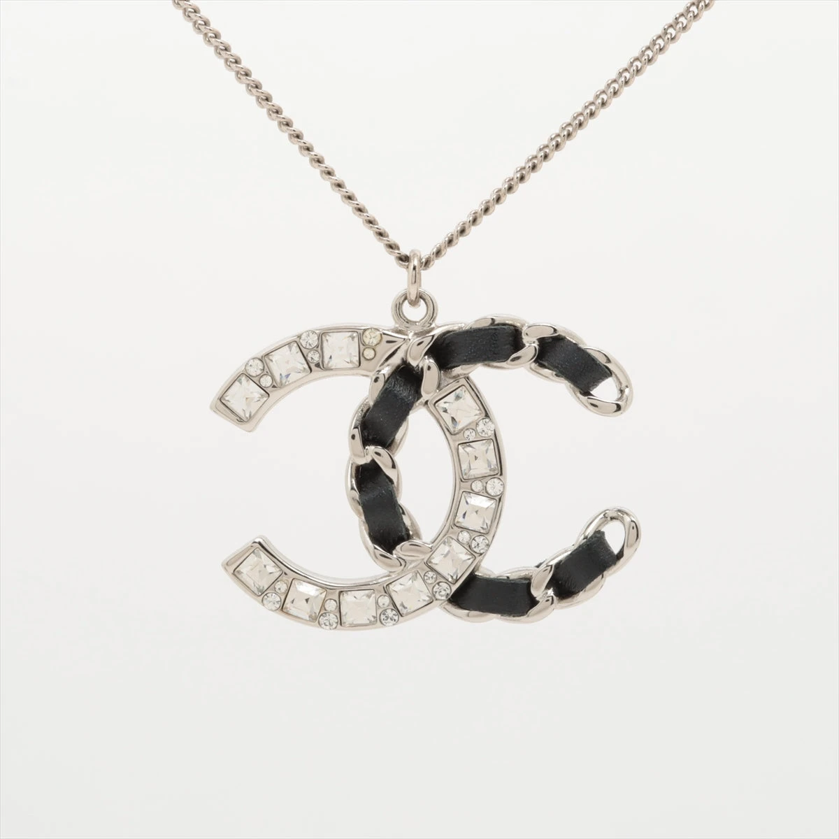 シャネル ココマーク B18K ネックレス GP×ラインストーン×革 シルバー