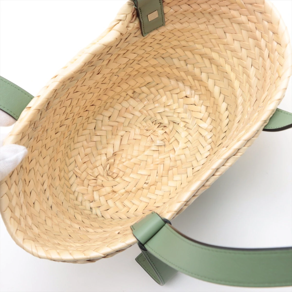 【LOEWE】ラフィア×レザー アナグラム刺繍（グリーン） ロエベ アナグラム バスケットスモール ラフィア×レザー カゴ