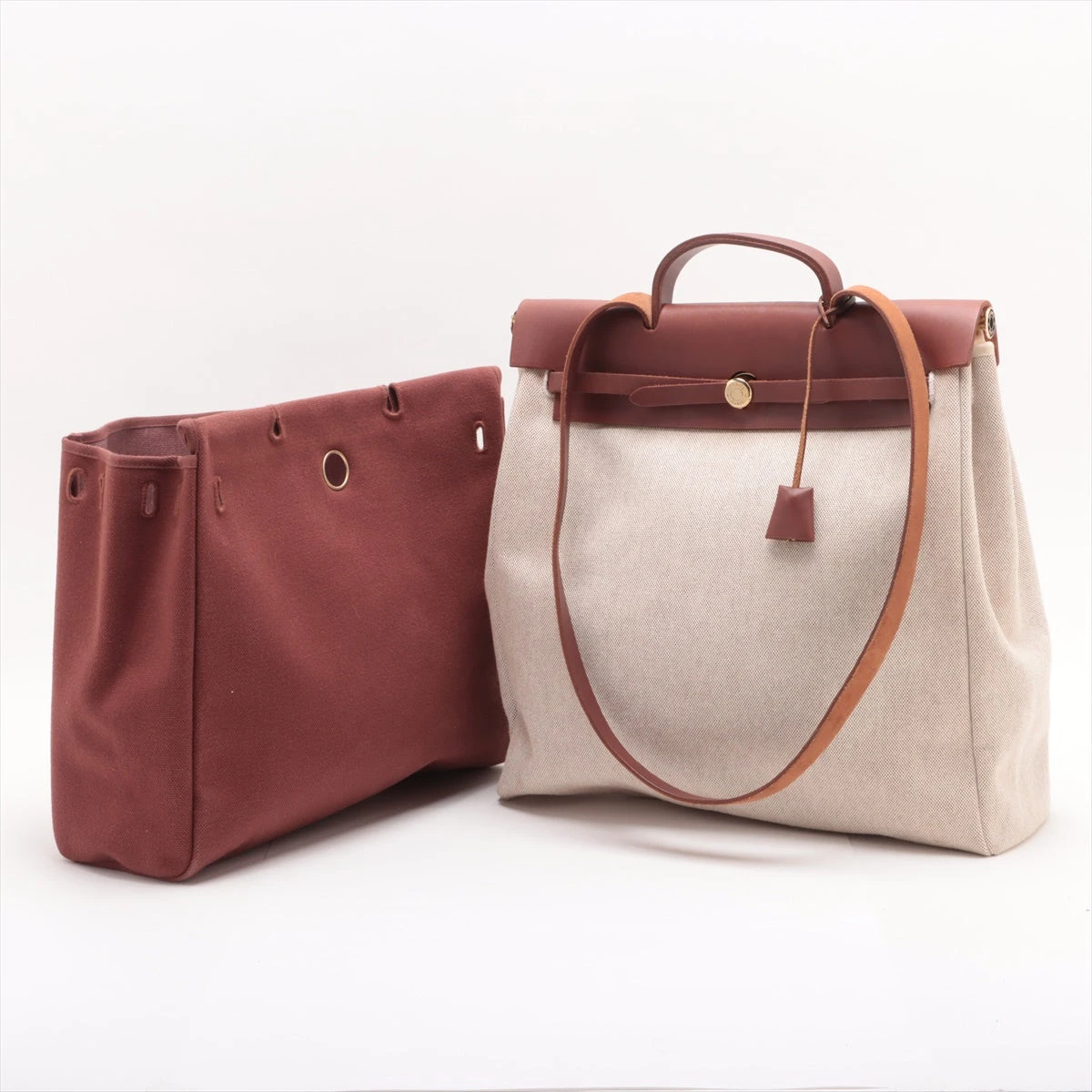 エルメス エールバッグGM トワルアッシュ×レザー ブラウン ゴールド