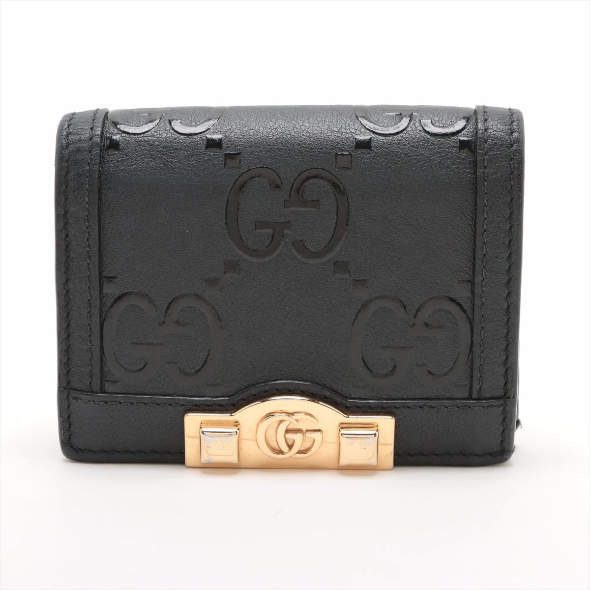 ★3日以内返品可★ GUCCI グッチ 676150 GGエンボス レザー カードケースウォレット ブラック 二つ折り財布 極美品 グッチ GUCCI 財布 レディース 676150 GGエンボス カードケース ウォレット