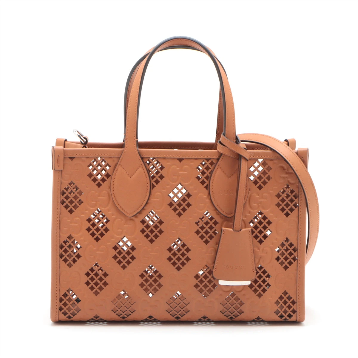 【GUCCI】ブラウンレザー 2wayハンドバッグ グッチ ダイヤモンド カットアウト レザー 2WAYハンドバッグ