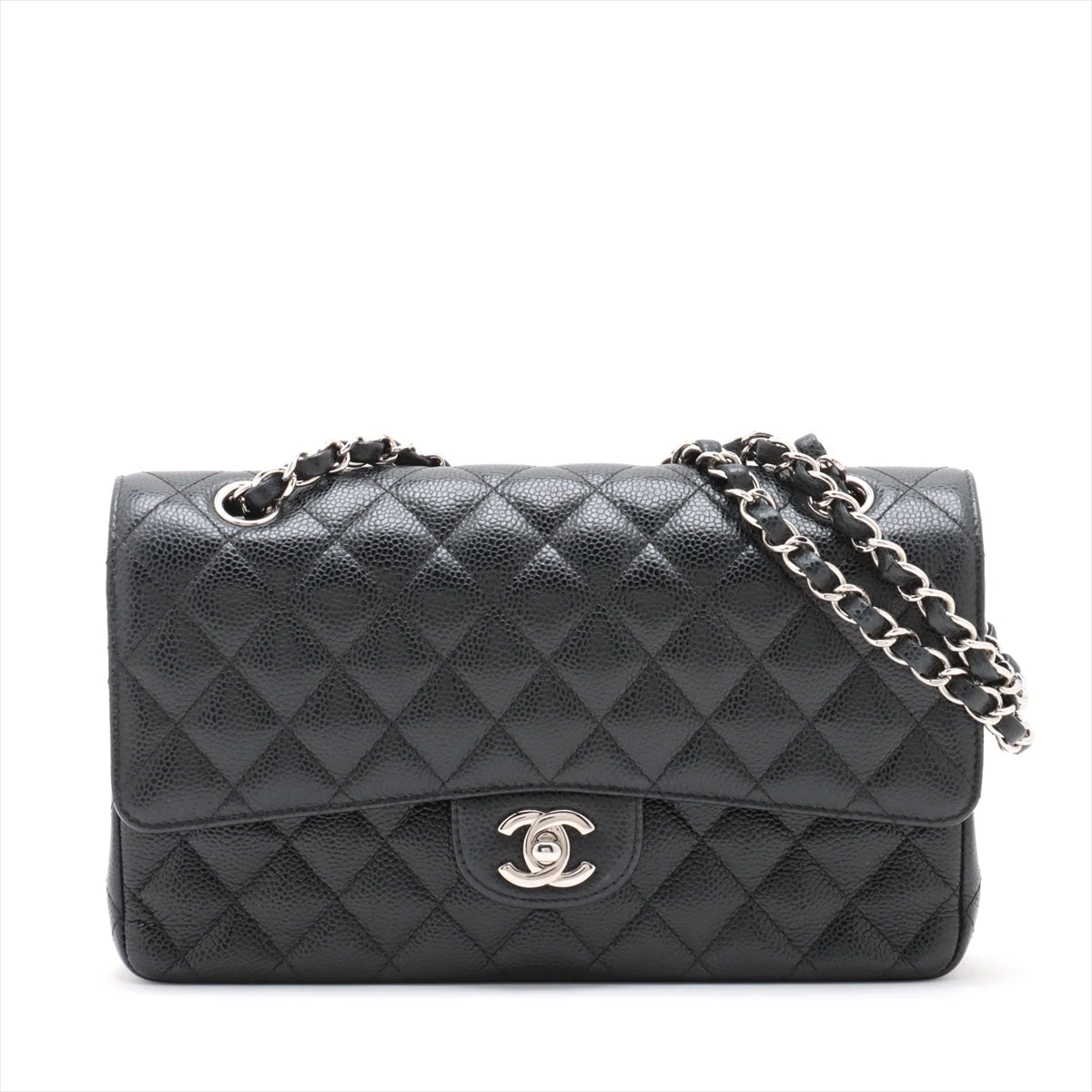 黒 キャビアスキン チェーンウォレット バック シルバー 金具 CHANEL】シャネル チェーンウォレット ブラック×シルバー金具 キャビア