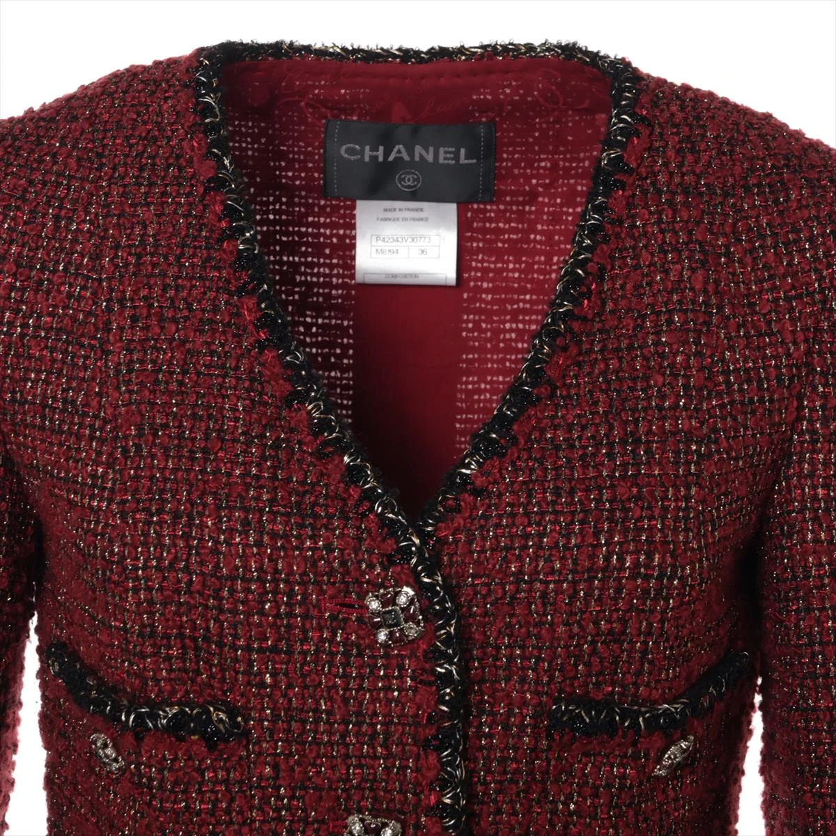 シャネル ココマーク グリポア P42 モヘア×ウール×ナイロン ノーカラー  