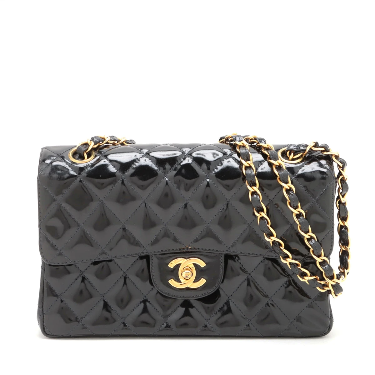CHANEL ブラック パテントレザー チェーンショルダーバッグ ヴィンテージ シャネル マトラッセ パテントレザー チェーンショルダーバッグ ダブル