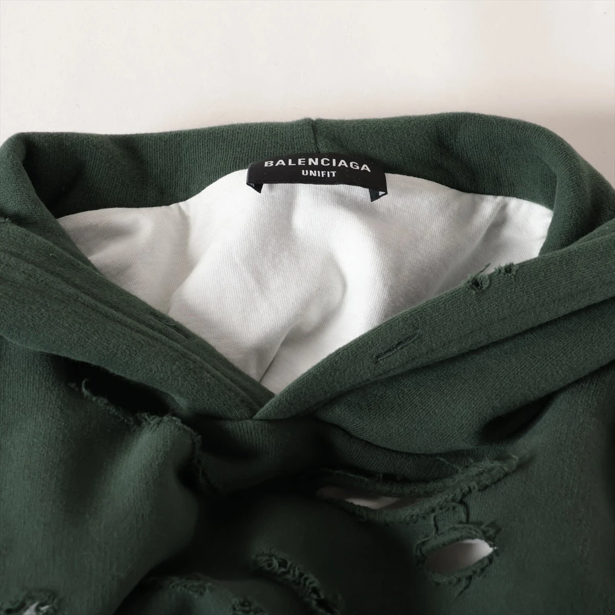 BALENCIAGA ダークグリーン　デストロイ　ダメージ加工 パーカー BALENCIAGA】TAPE TYPE RIPPED POCKET HOODIE ラージフィット