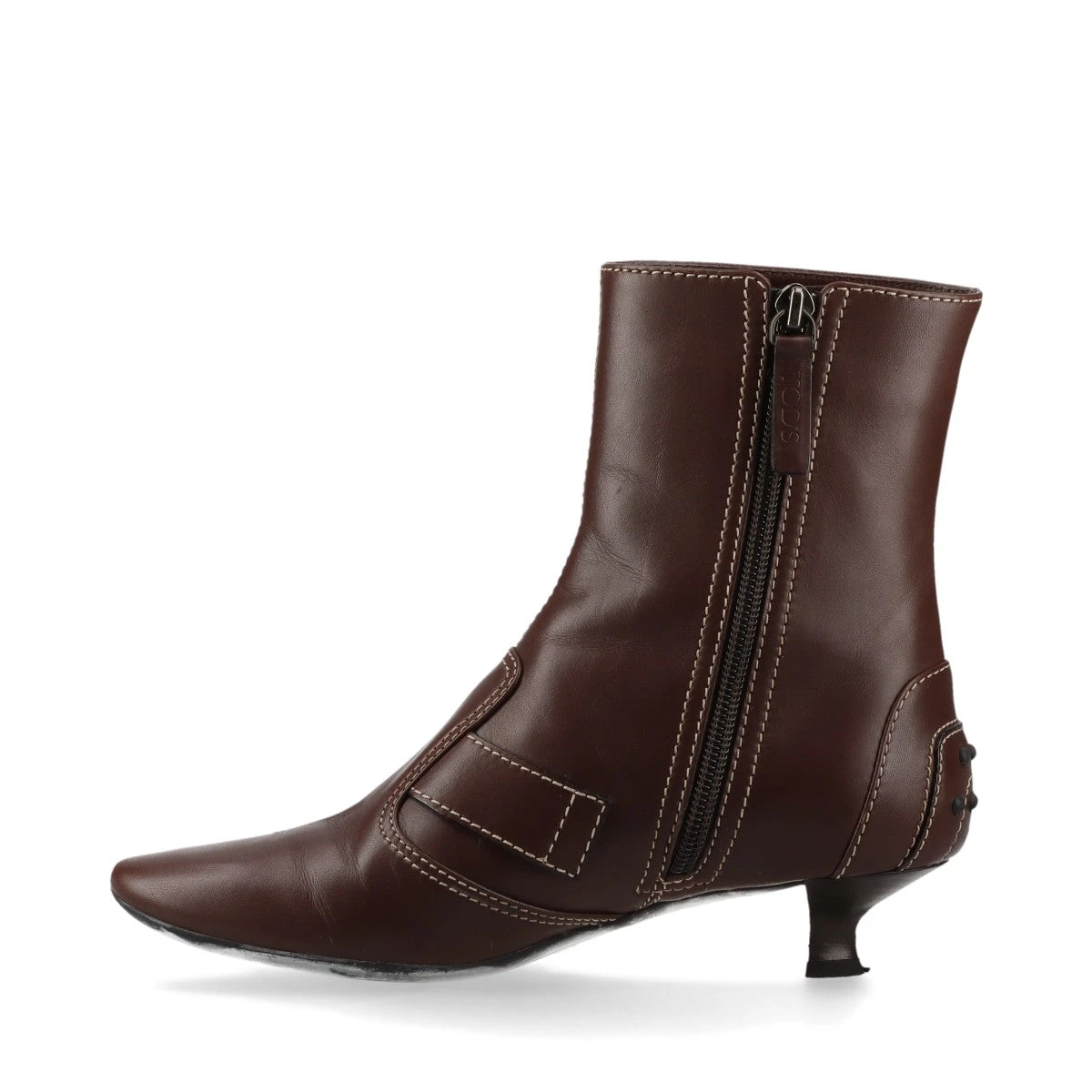 TOD'S ブラウンレザー ネイビーウール ブーツ 37 1/2 トッズ レザー ブーツ 35 レディース ブラウン A3173295｜中古